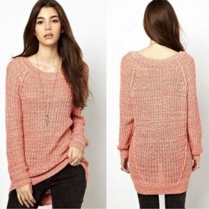 Free People Sweater Medium Pink Chunky Marled Knit Long Sleeve Pullover Dune